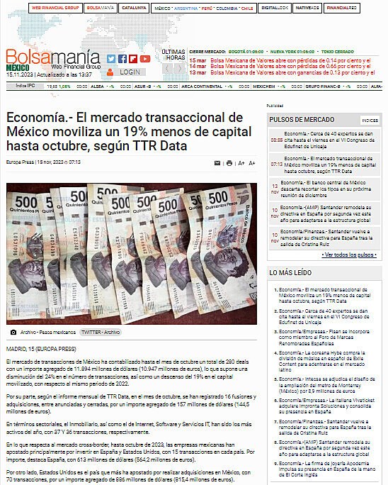 Economa.- El mercado transaccional de Mxico moviliza un 19% menos de capital hasta octubre, segn TTR Data